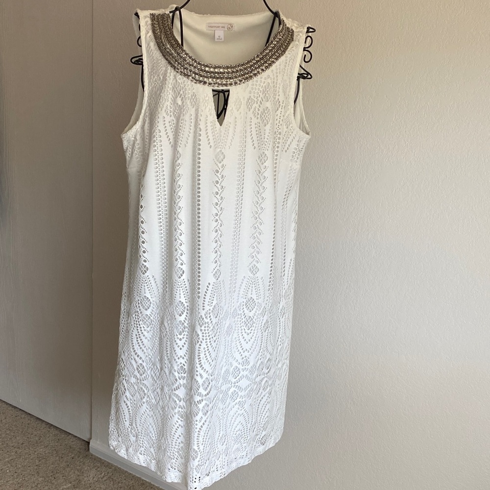 Westport White Lace Midi Dress with Silver Accents